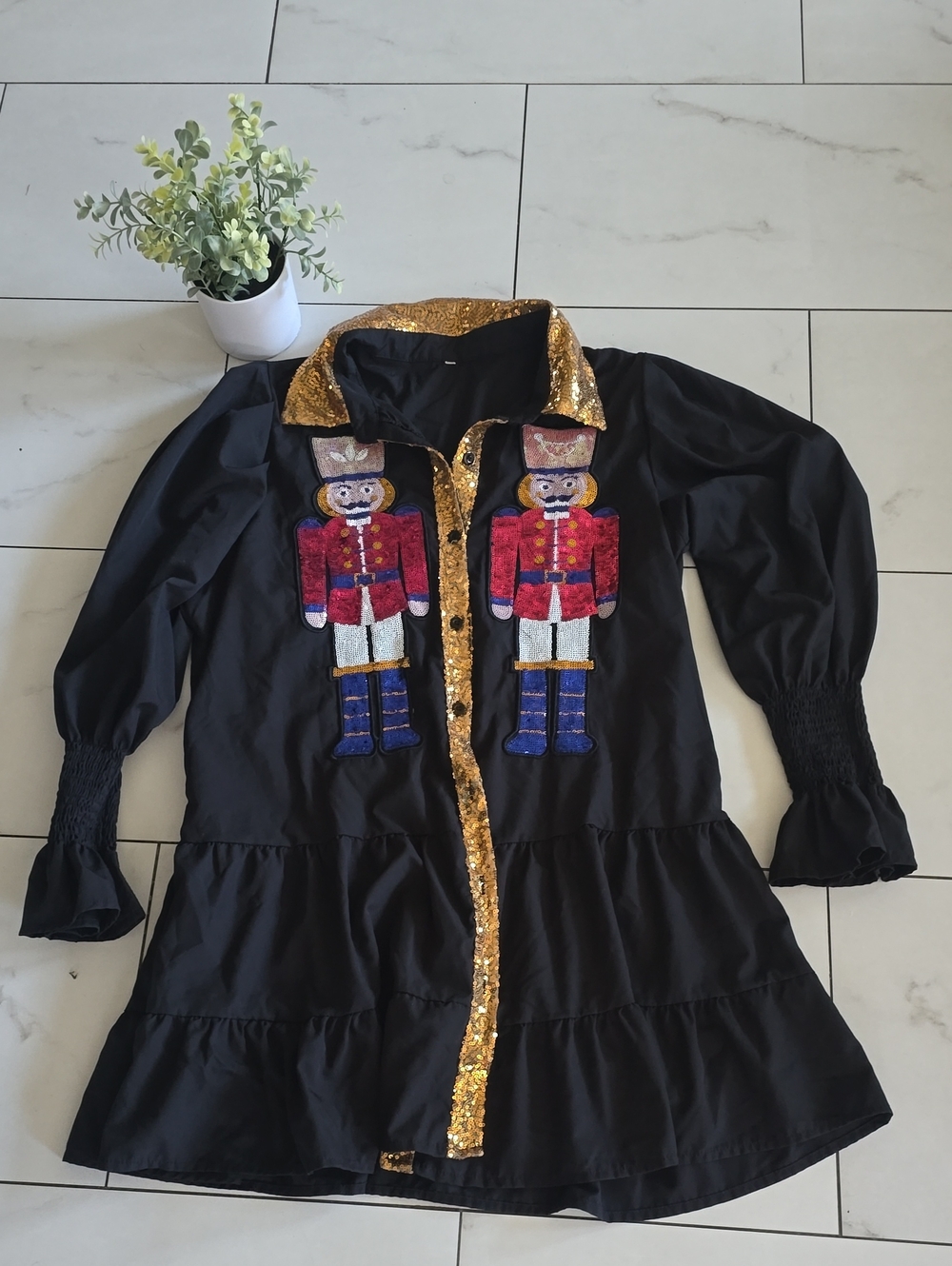 Black Long-Sleeve Tunic Dress with Gold Sequin Trim and Nutcracker Motif